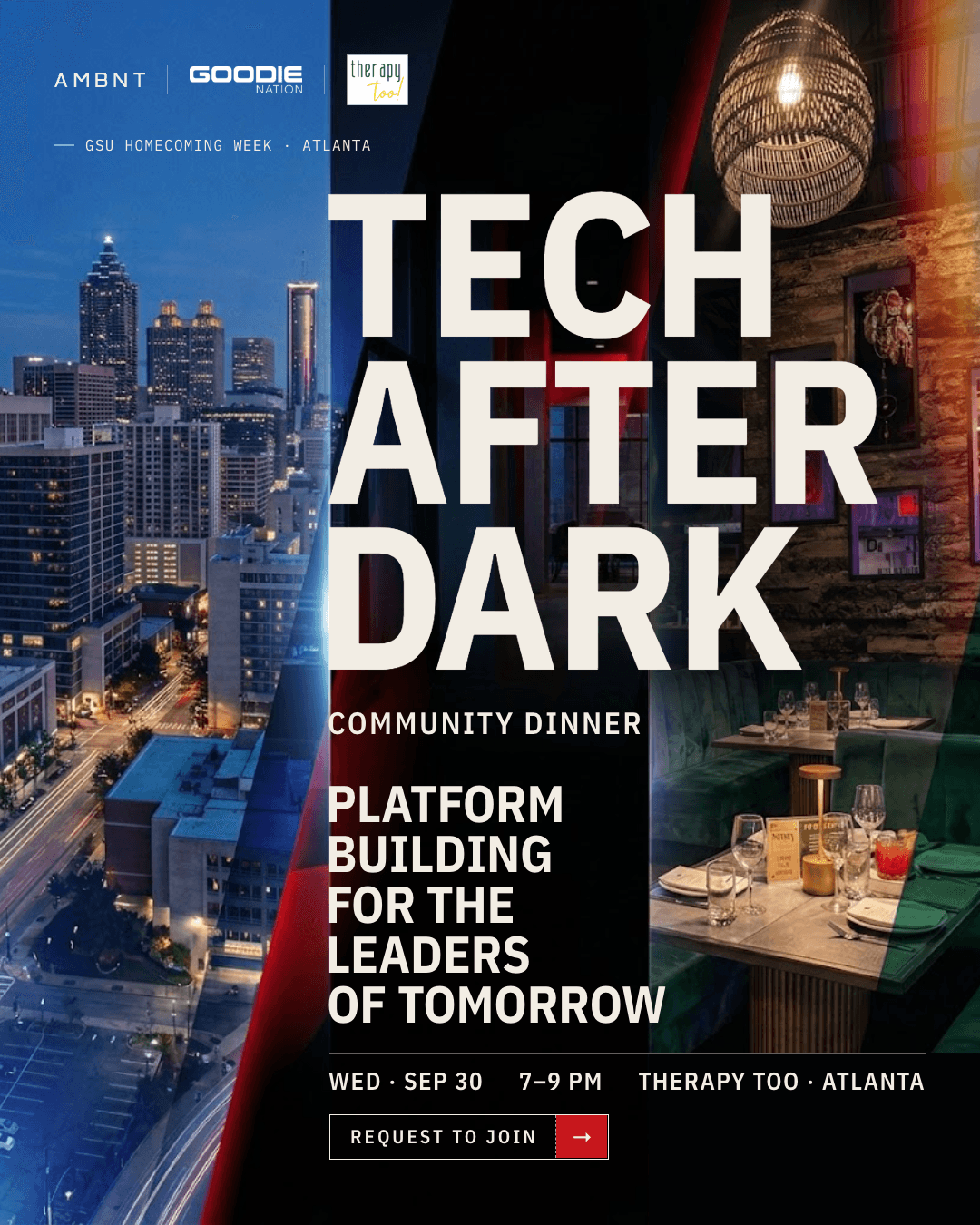 Tech After Dark Community Dinner campaign artwork pairing Atlanta at night with an empty Therapy Too dining room.