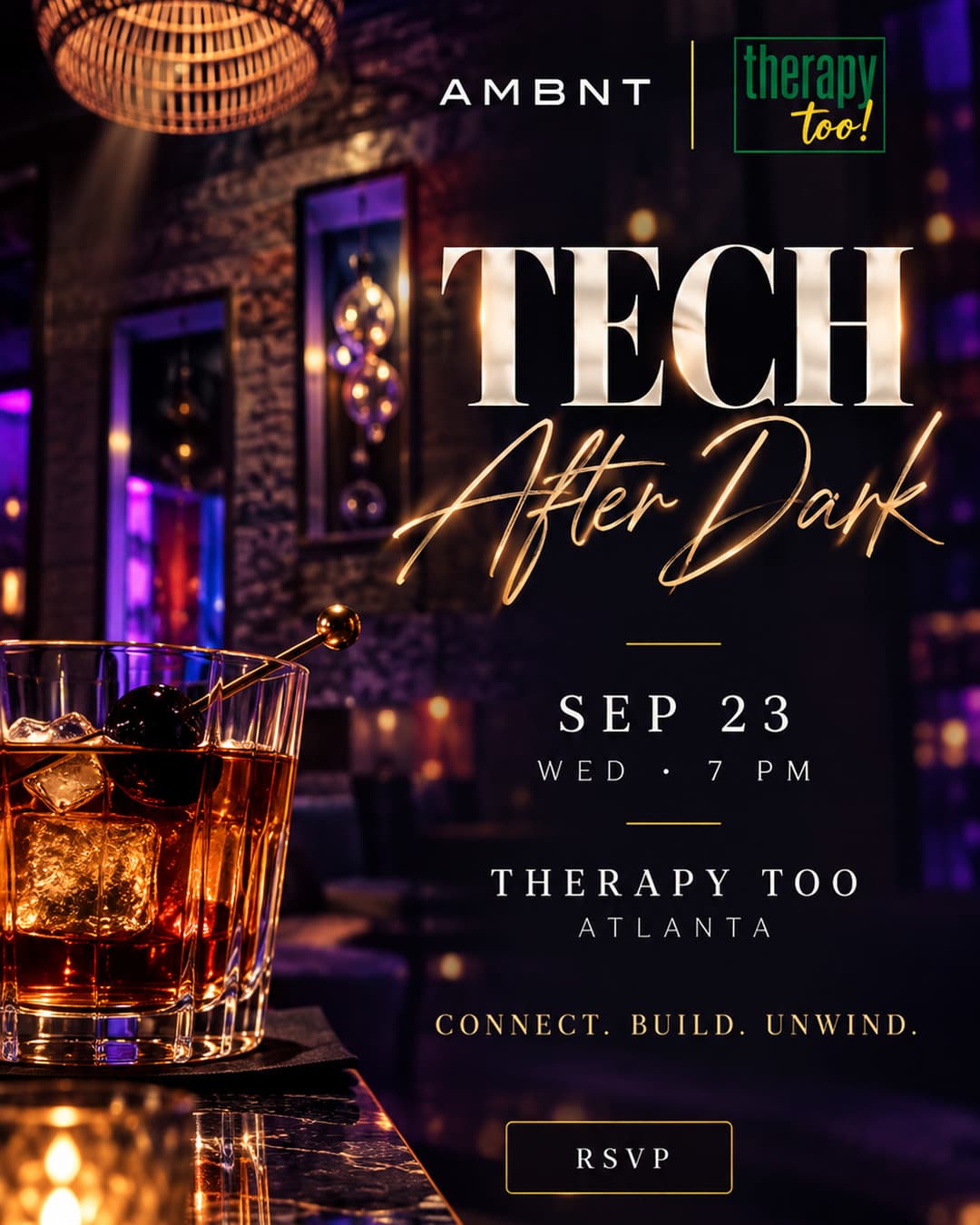 Tech After Dark campaign artwork for the September 23 room at Therapy Too in Atlanta.