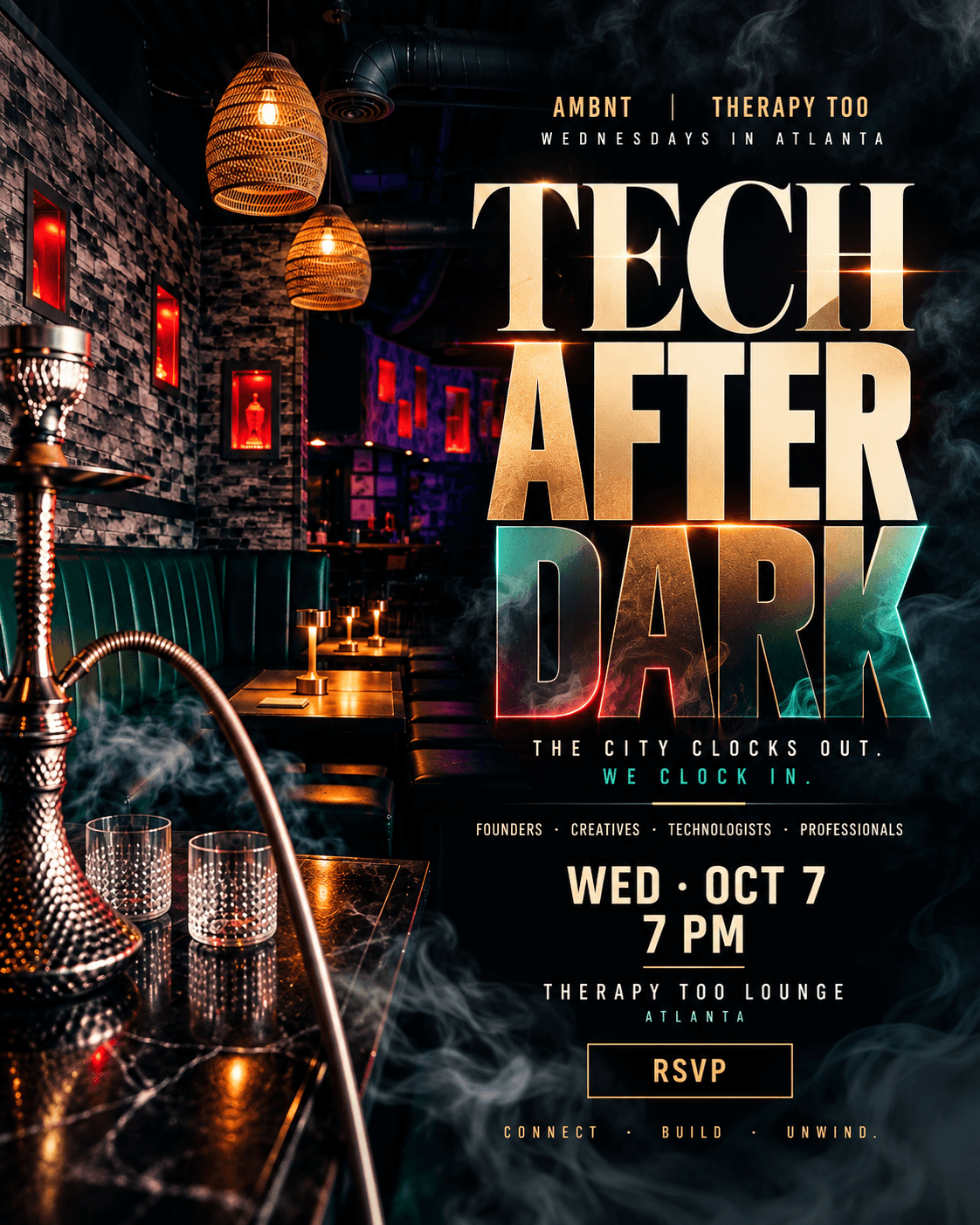 Tech After Dark October 7 campaign artwork inside Therapy Too with hookah smoke, warm lounge lighting, and event details.
